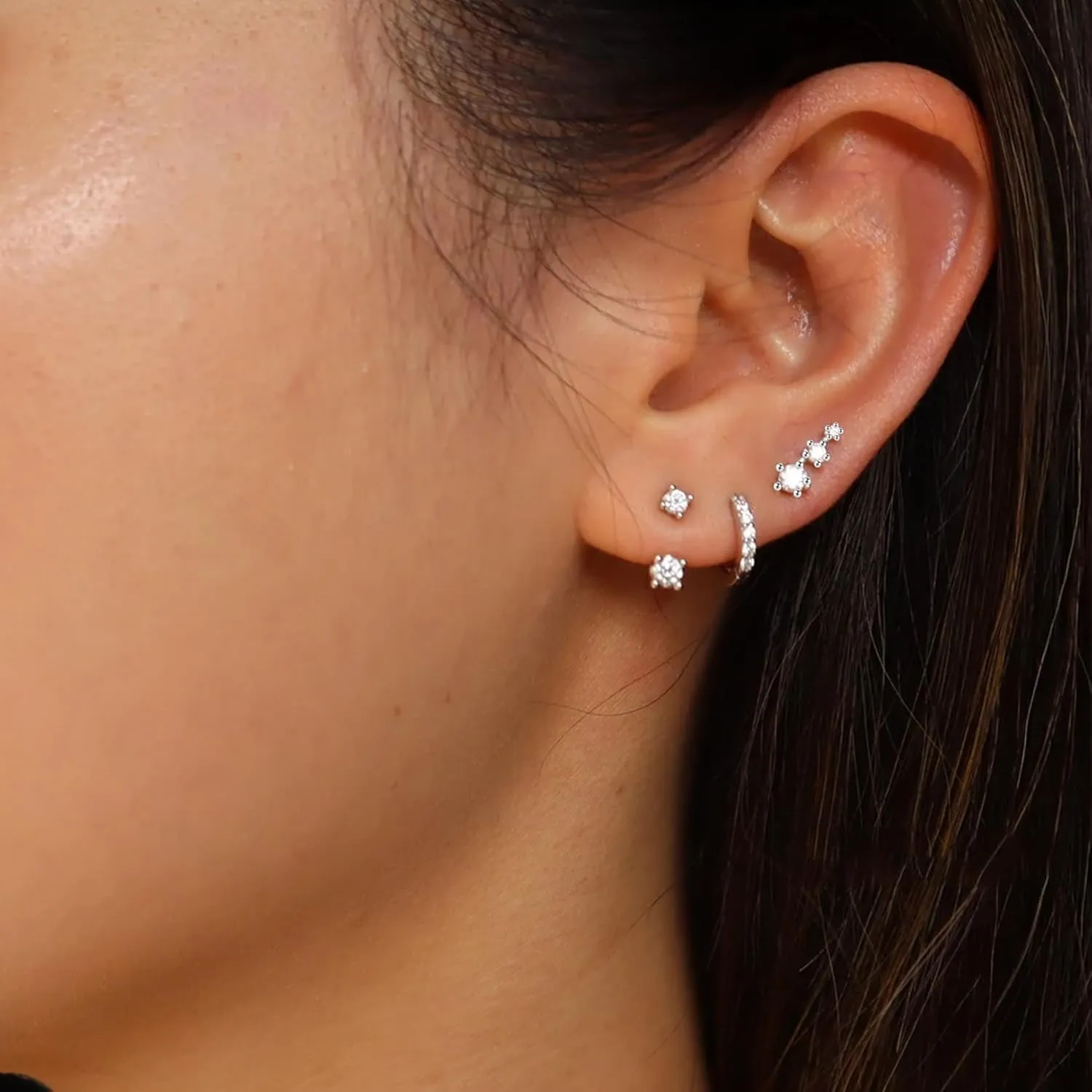 CERSLIMO Silver Stud Earrings Set for Women, 3 Pairs White Gold Plated Cartilage Earrings Sets for Multiple Piercings, Hypoallergenic Huggie Hoop Jacket Studs Cubic Zirconia Jewelry Gifts