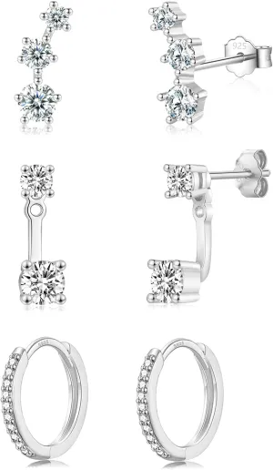 CERSLIMO Silver Stud Earrings Set for Women, 3 Pairs White Gold Plated Cartilage Earrings Sets for Multiple Piercings, Hypoallergenic Huggie Hoop Jacket Studs Cubic Zirconia Jewelry Gifts