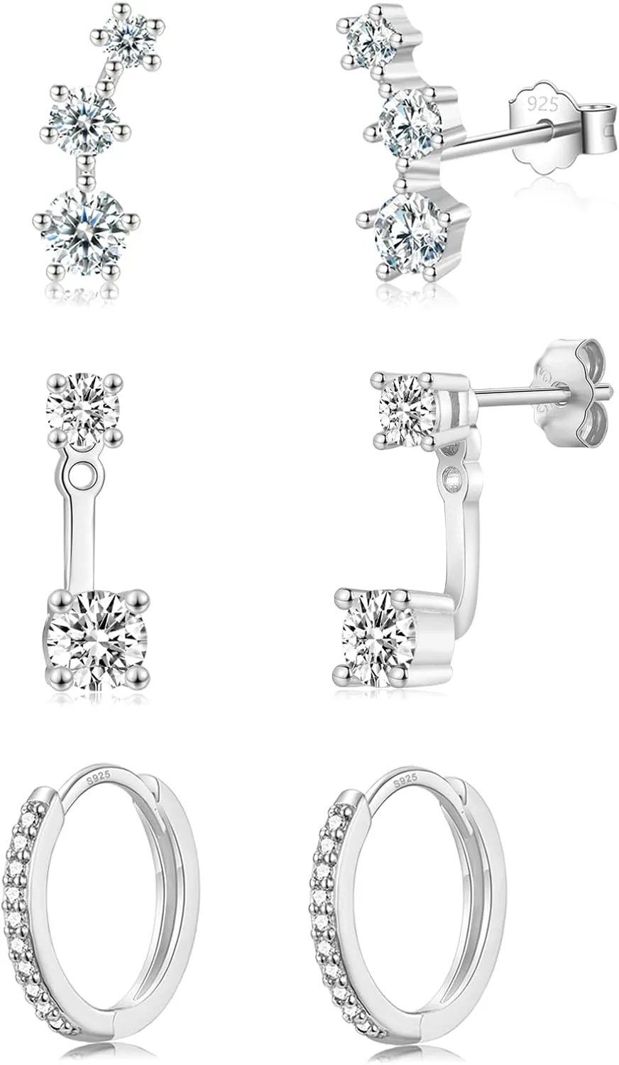 CERSLIMO Silver Stud Earrings Set for Women, 3 Pairs White Gold Plated Cartilage Earrings Sets for Multiple Piercings, Hypoallergenic Huggie Hoop Jacket Studs Cubic Zirconia Jewelry Gifts