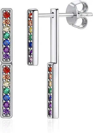 ChicSilver Minimalist Bar Earrings - 925 Sterling Silver Multi Color Cubic Zirconia CZ Earrings Studs for Women Hypoallergenic