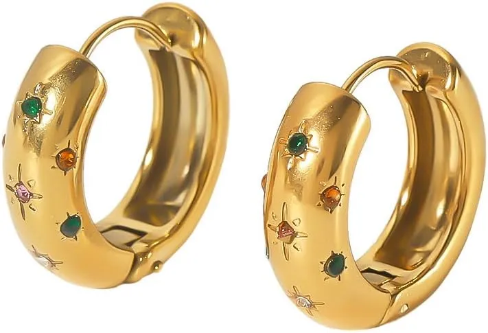 Chunky CZ Hoop Earrings for Women 18K Gold Plated Stainless Steel 20mm Cubic Zirconia Huggie Hoops Earrings Fashion Ear Jewelry