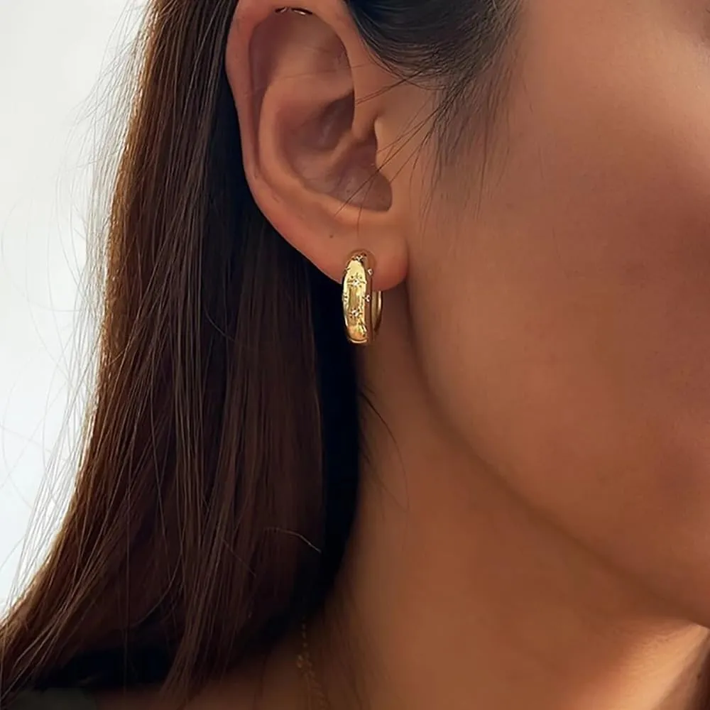 Chunky CZ Hoop Earrings for Women 18K Gold Plated Stainless Steel 20mm Cubic Zirconia Huggie Hoops Earrings Fashion Ear Jewelry