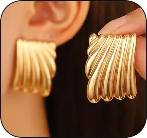 Chunky Gold Stud Earrings for Women Thick Rectangle Stud Earrings Large Gold Geometric Earrings Minimalist Statement Square Seashell Earrings Trendy Jewelry