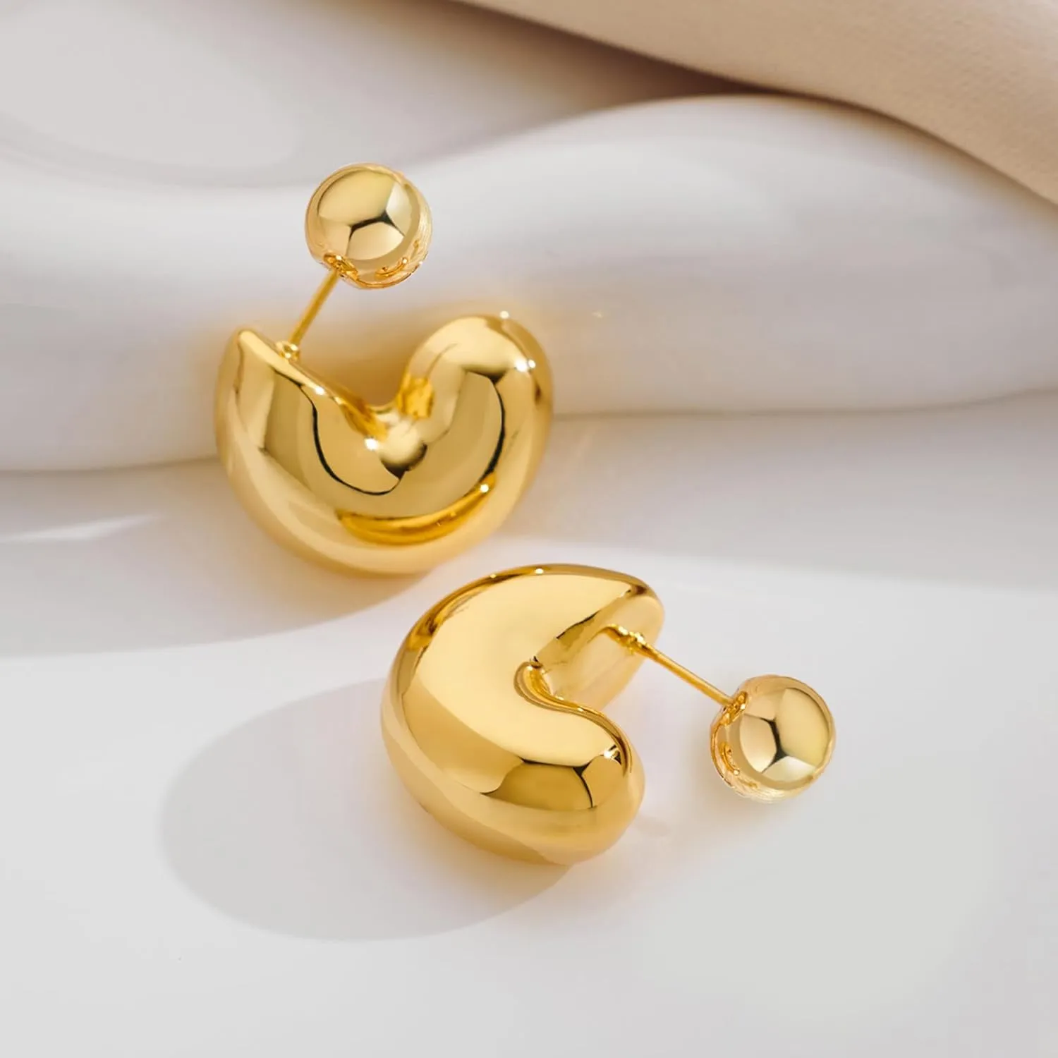 Chunky Thick Teardrop Earrings for Women Gold Hoop Earrings Cut Polished Droplet Earrings