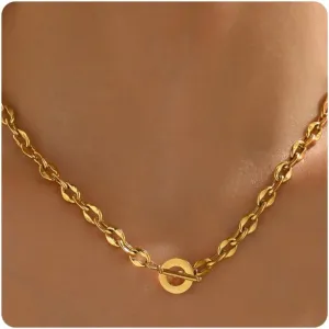 Chunky Toggle Necklace for Women 18K Gold Plated Vintage Paperclip Figaro Link Chain Necklaces Dainty Paper Clip Toggle Necklace for Jewelry Gift