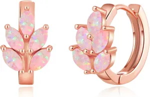CiNily Leaf Hoop Earrings for Women, Created Fire Opal Small Hoop Earring 14K Rose Gold Plated Cute Huggie Earrings Lightweight Tiny Hoop Earrings Fashion Jewelry Gifts 12mm