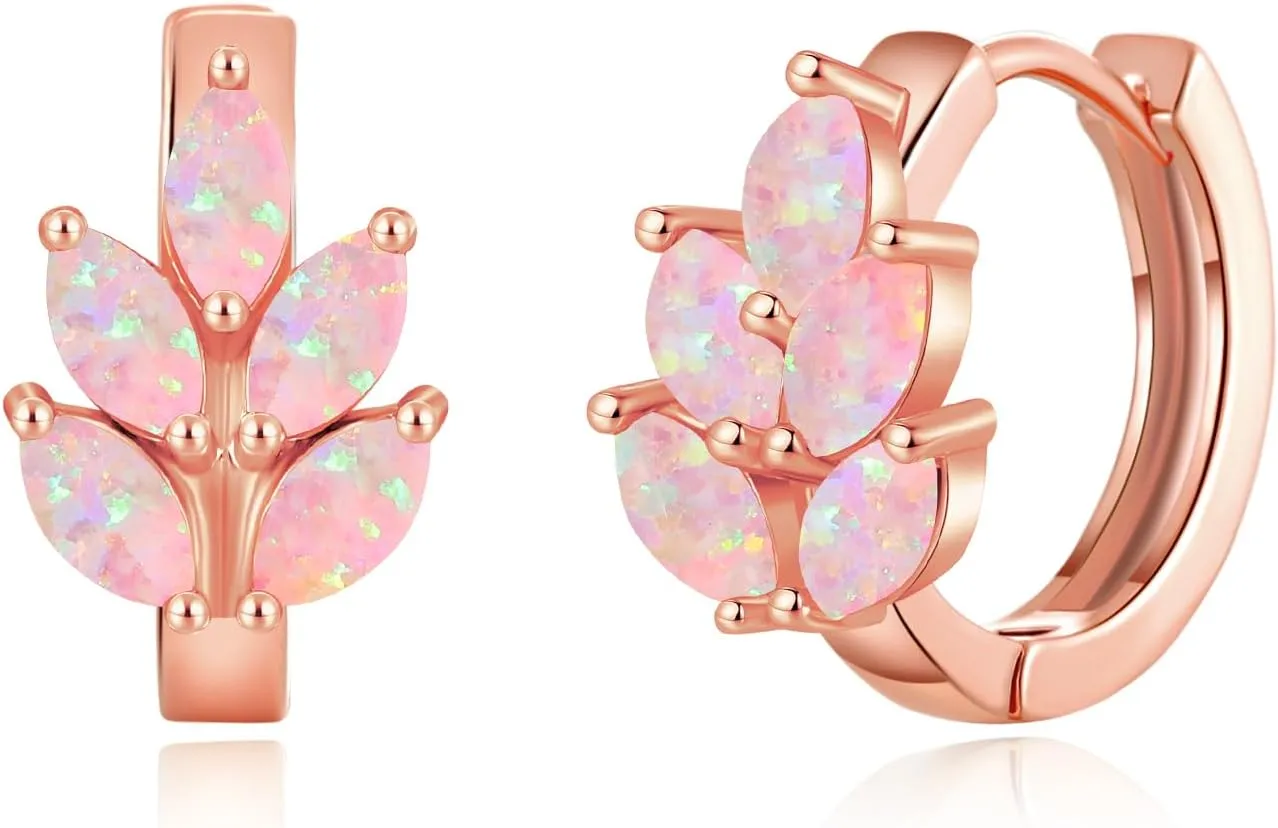 CiNily Leaf Hoop Earrings for Women, Created Fire Opal Small Hoop Earring 14K Rose Gold Plated Cute Huggie Earrings Lightweight Tiny Hoop Earrings Fashion Jewelry Gifts 12mm