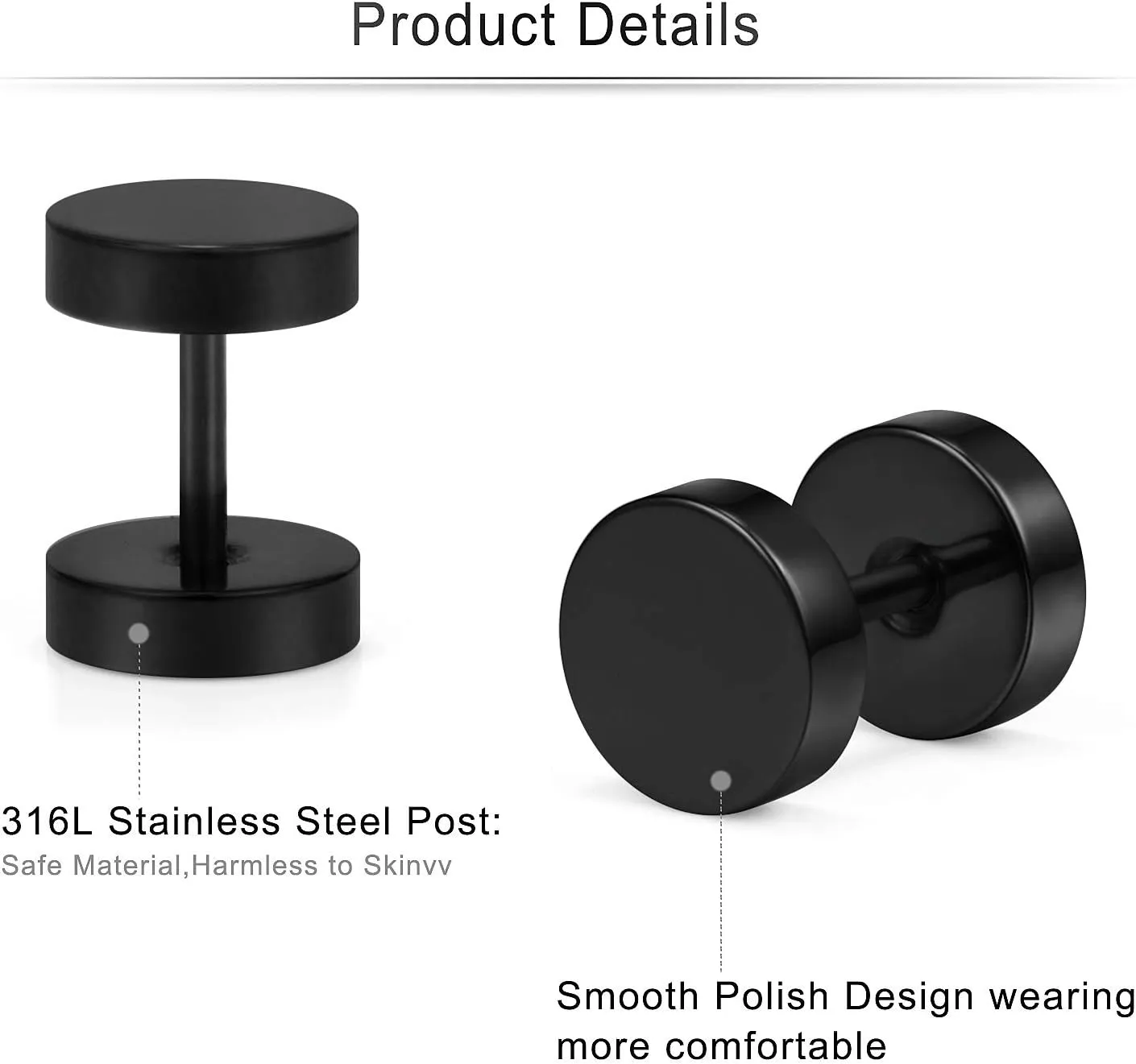 Cisyozi 18G Black Stud Earrings Men for Women Faux Gauges Ear Tunnel Stainless Steel Earrings 3mm 4mm 5mm 6mm