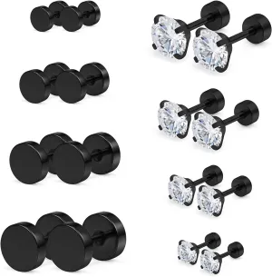 Cisyozi 18G Black Stud Earrings Men for Women Faux Gauges Ear Tunnel Stainless Steel Earrings 3mm 4mm 5mm 6mm
