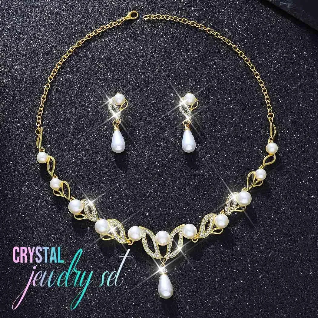 CLOACE Gold Pearl Bridal Wedding Jewelry Set Rhinestone Necklace Earrings Sets Costume Jewelry for Women and Brides