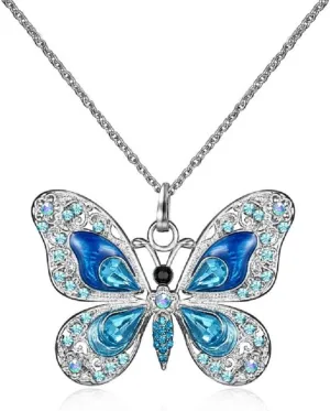 COLORFUL BLING 1Pcs Beautiful Alloy Rhinestone Butterfly Long Necklaces Fashion Enamel Butterfly Necklace for Women Girlsblue