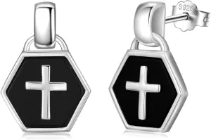 Cross Earrings for Women 925 Sterling Silver Black Onyx Stud Earrings Small Cross Earrings Jewelry Gifts for Female Friends Chicas xmas gifts regalos de navidad Stocking Stuffers