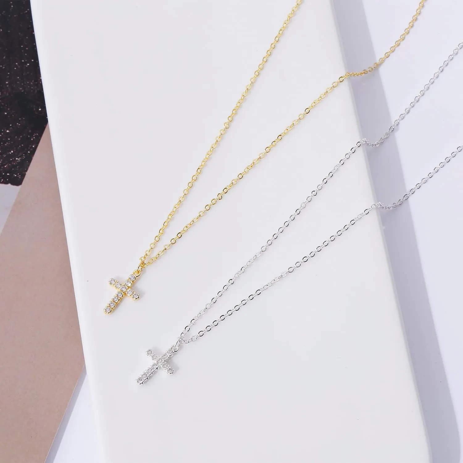 Cross Necklace for Women 14K Gold Plated Dainty Cubic Zirconia Sideways Cross Necklace Simple Cute Layered Gold Cross Pendant Satellite Chain Necklace Trendy Fashion Jewelry Gifts