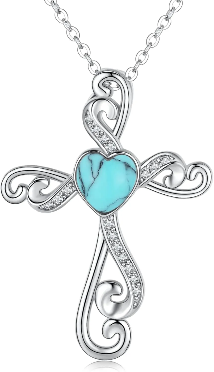 Cross Necklace for Women 925 Sterling Silver Religious Jewelry Cross Pendant Necklace Heart Shaped Blue Opal Jewelry Gifts for Women