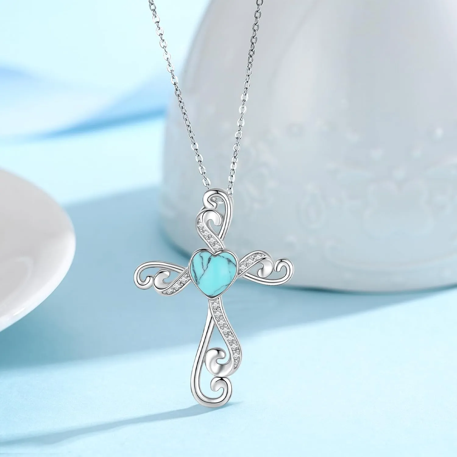 Cross Necklace for Women 925 Sterling Silver Religious Jewelry Cross Pendant Necklace Heart Shaped Blue Opal Jewelry Gifts for Women