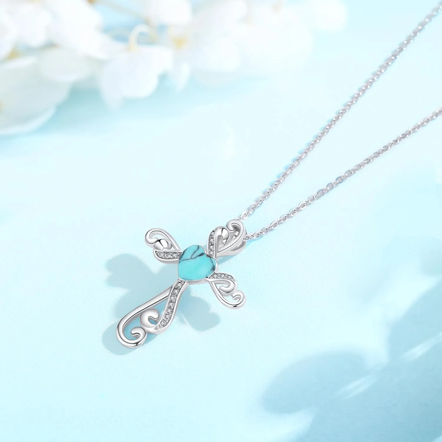 Cross Necklace for Women 925 Sterling Silver Religious Jewelry Cross Pendant Necklace Heart Shaped Blue Opal Jewelry Gifts for Women