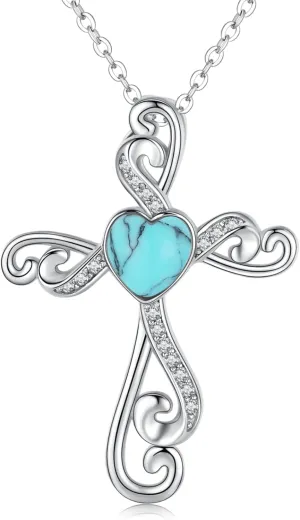 Cross Necklace for Women 925 Sterling Silver Religious Jewelry Cross Pendant Necklace Heart Shaped Blue Opal Jewelry Gifts for Women
