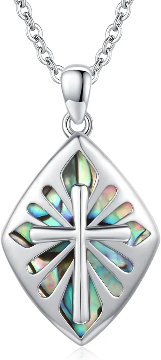 Cross Necklace for Women Men 925 Sterling Silver Abalone Shell/Malachite/Turquoise Cross Pendant Necklaces Religious Jewelry Birthday Graduation Gifts
