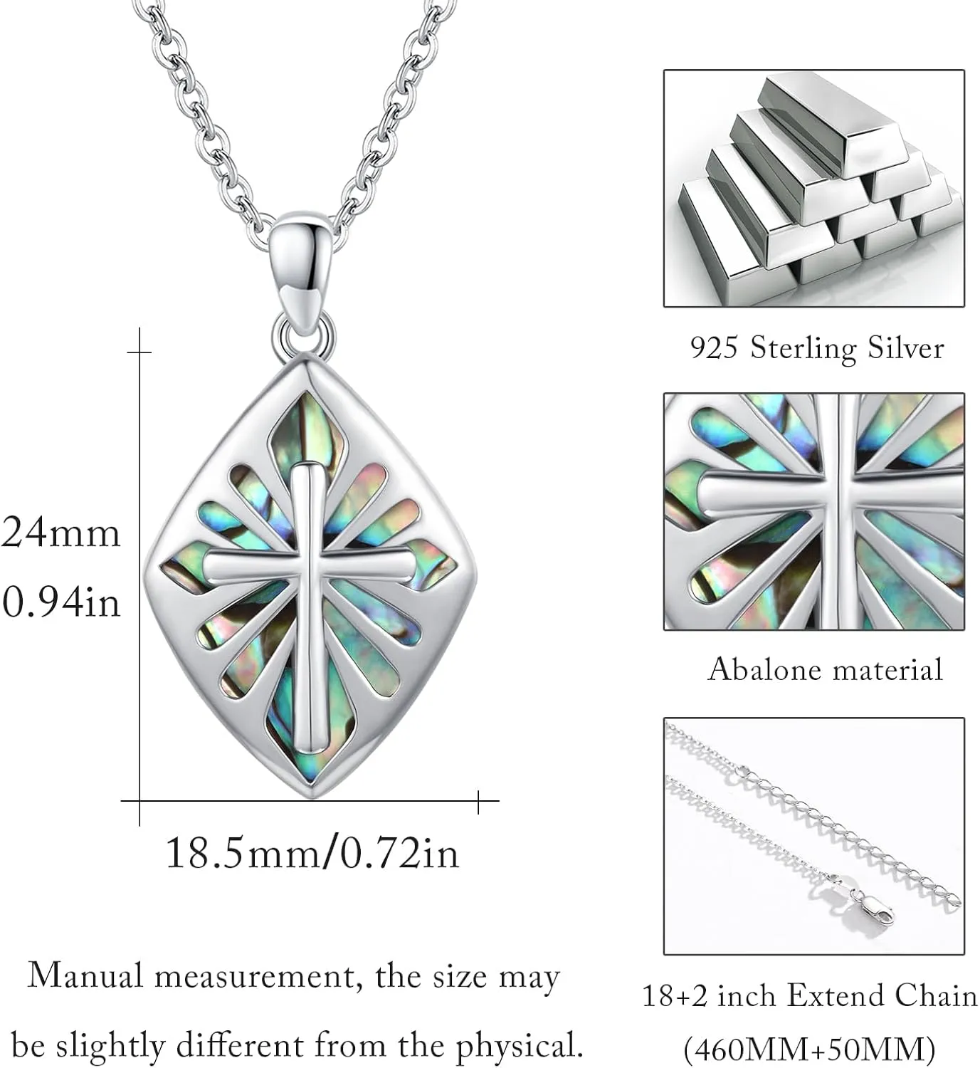 Cross Necklace for Women Men 925 Sterling Silver Abalone Shell/Malachite/Turquoise Cross Pendant Necklaces Religious Jewelry Birthday Graduation Gifts