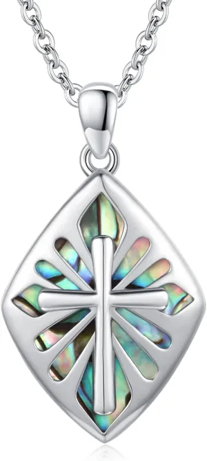 Cross Necklace for Women Men 925 Sterling Silver Abalone Shell/Malachite/Turquoise Cross Pendant Necklaces Religious Jewelry Birthday Graduation Gifts
