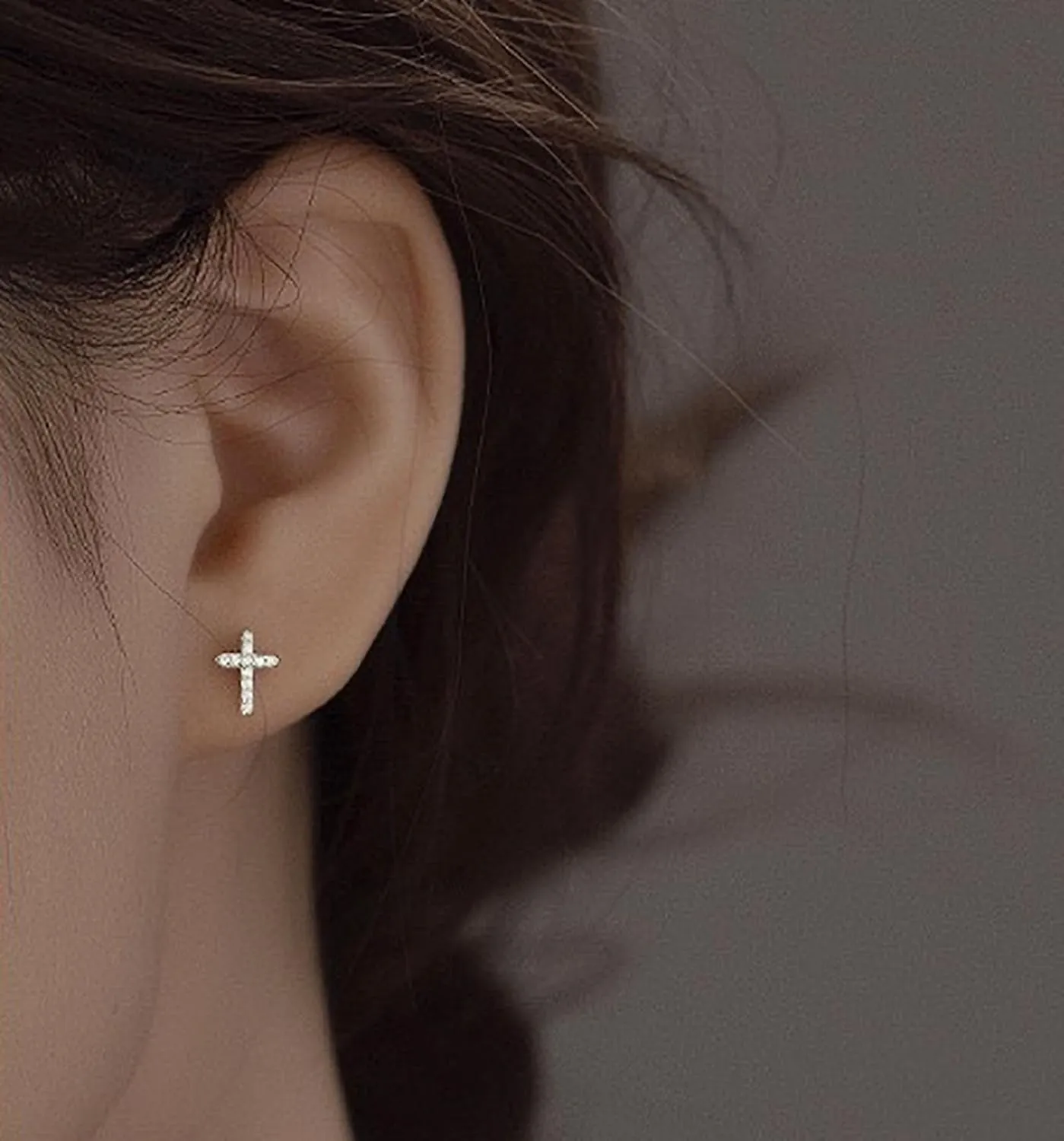 Cross Stud Earrings, Tiny Simple 14K White Gold Plated Small Cubic Zirconia Cross Earrings Stud for Women Men Silver Gold