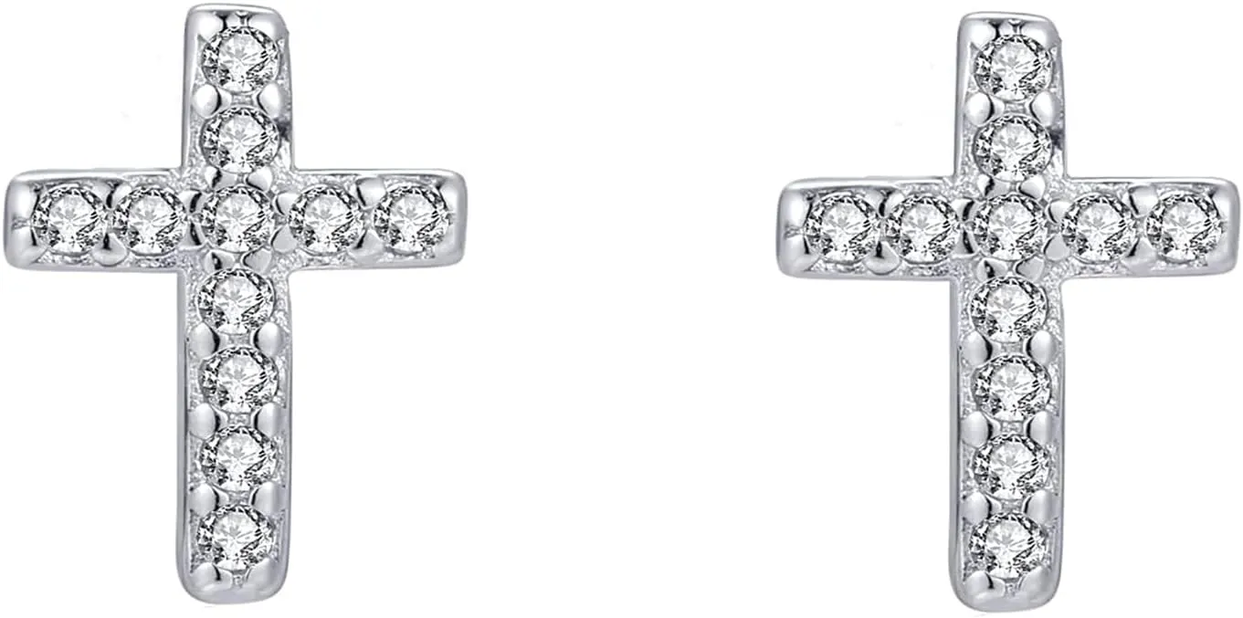 Cross Stud Earrings, Tiny Simple 14K White Gold Plated Small Cubic Zirconia Cross Earrings Stud for Women Men Silver Gold
