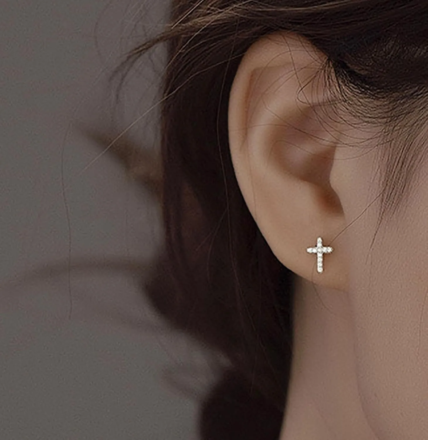 Cross Stud Earrings, Tiny Simple 14K White Gold Plated Small Cubic Zirconia Cross Earrings Stud for Women Men Silver Gold