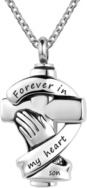 Cross Urn Necklaces for Ashes Praying Hands Cremation Memorial Stainless Steel Pendant Jewelry Forever in My Heart with Son
