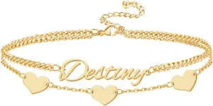 Custom Bracelet with Name 18K Gold Plated Personalized Name Ankle Bracelet Adjustable, Customized Beach Jewelry Gifts for Women Girlfriend