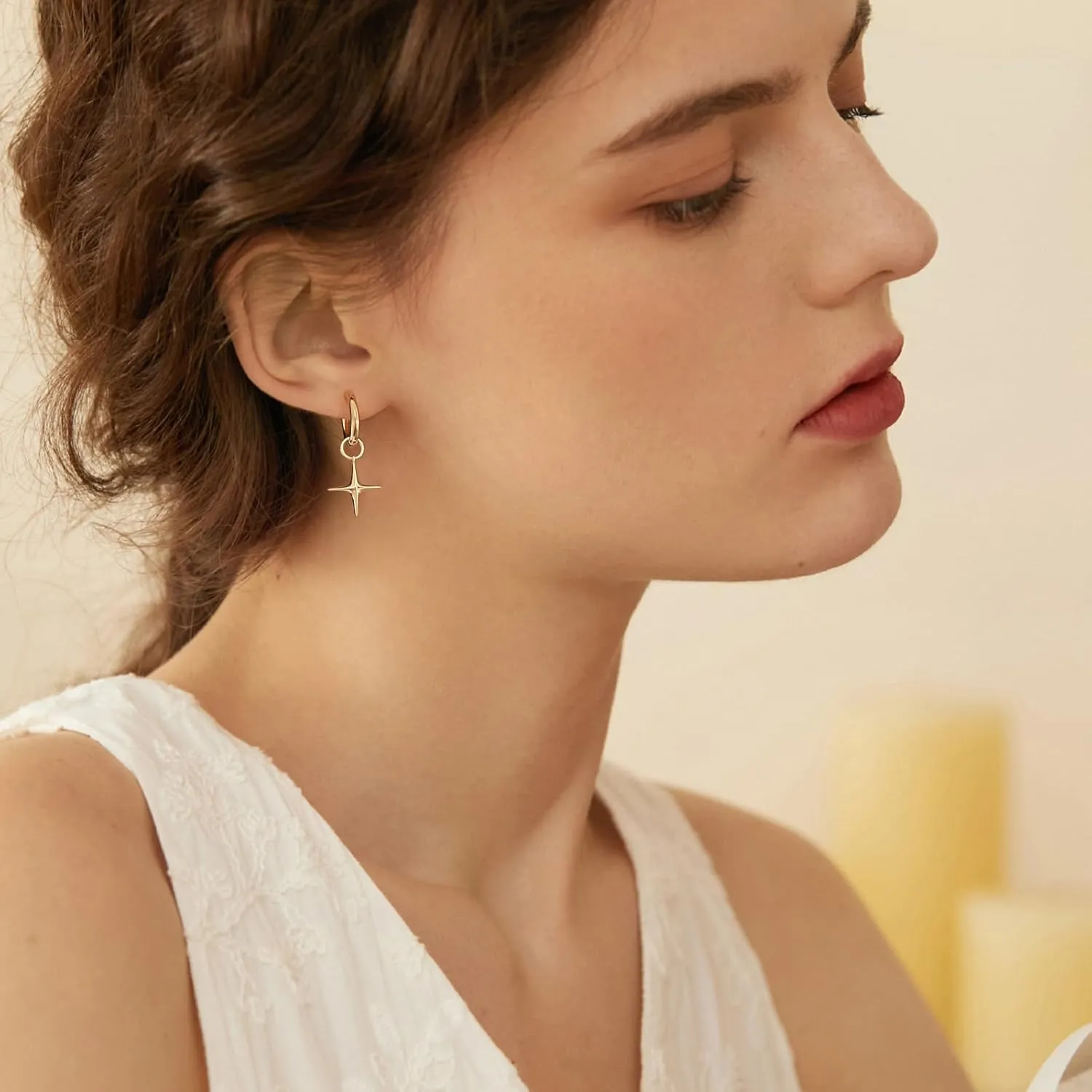 DAILY VIBES Small Gold Star Pearl Drop Dangle Earrings for Women Dainty 925 Sterling Silver Post Asymmetrical Mini 14K Gold Plated Huggie Hoop Earrings for Women