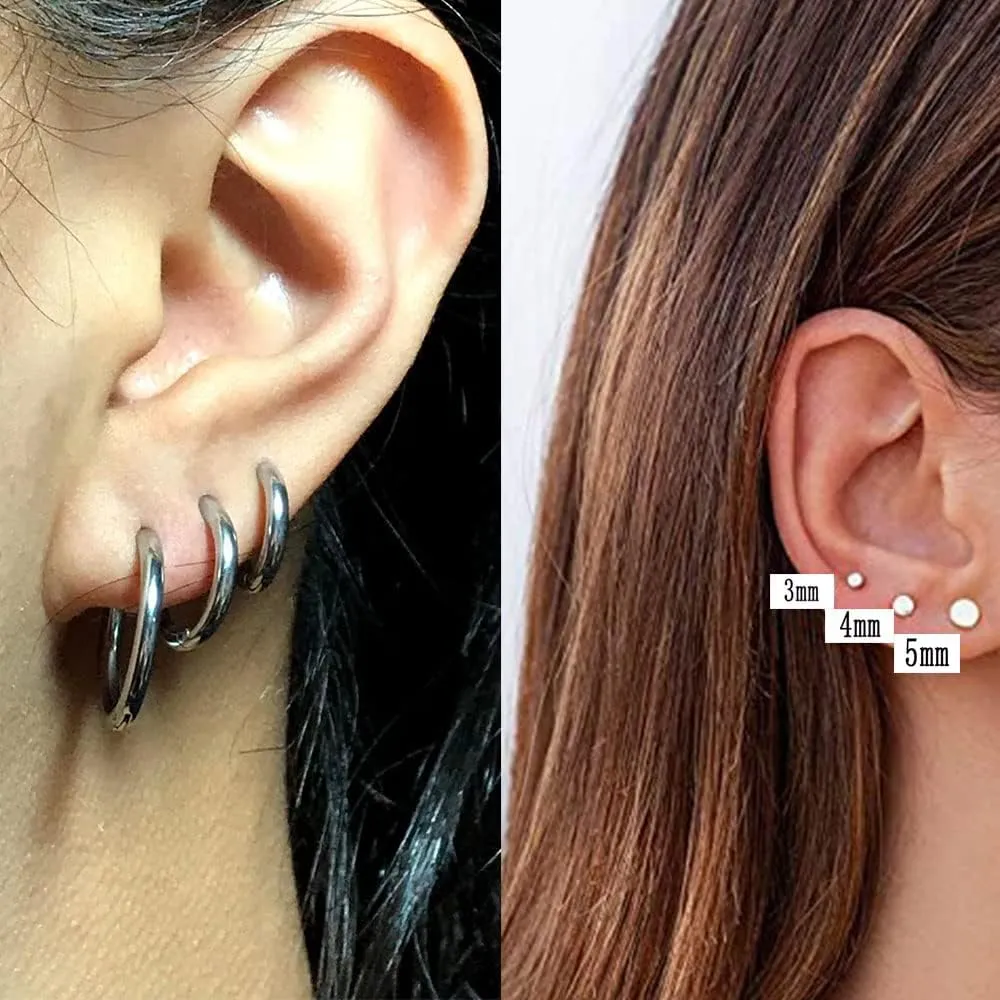 Dainty 8 Pairs Surgical Stainless Steel Earrings 14K Gold Plated Hoop Earrings CZ Stud Earrings for Women Men Lightweight Hypoallergenic Earrings Sets for Multiple Piercing,Suitable for Cartilage,Helix,Lobe,First Hole,Second Hole,Third Hole