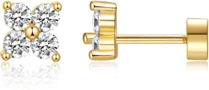 Dainty Flat Back Stud Earrings for Women 14K Gold Plated CZ Small Flatback Stud Earrings, Hypoallergenic Cartilage Tragus Piercing Screw Back Earrings for Women Trendy Gold Jewelry