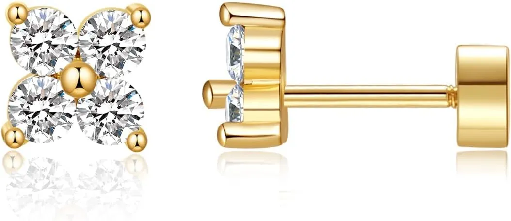 Dainty Flat Back Stud Earrings for Women 14K Gold Plated CZ Small Flatback Stud Earrings, Hypoallergenic Cartilage Tragus Piercing Screw Back Earrings for Women Trendy Gold Jewelry