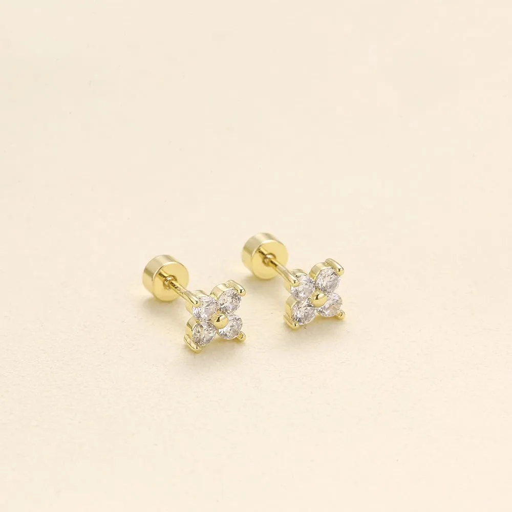 Dainty Flat Back Stud Earrings for Women 14K Gold Plated CZ Small Flatback Stud Earrings, Hypoallergenic Cartilage Tragus Piercing Screw Back Earrings for Women Trendy Gold Jewelry