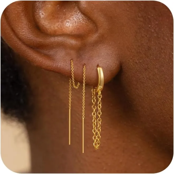 Dangle Earrings for Women Trendy, Dainty 14K Gold Plated Chain Earrings for Women Simple Threader Earrings Non Tarnish Hypoallergenic Long Drop Earrings Jewelry Pack for Women Gifts