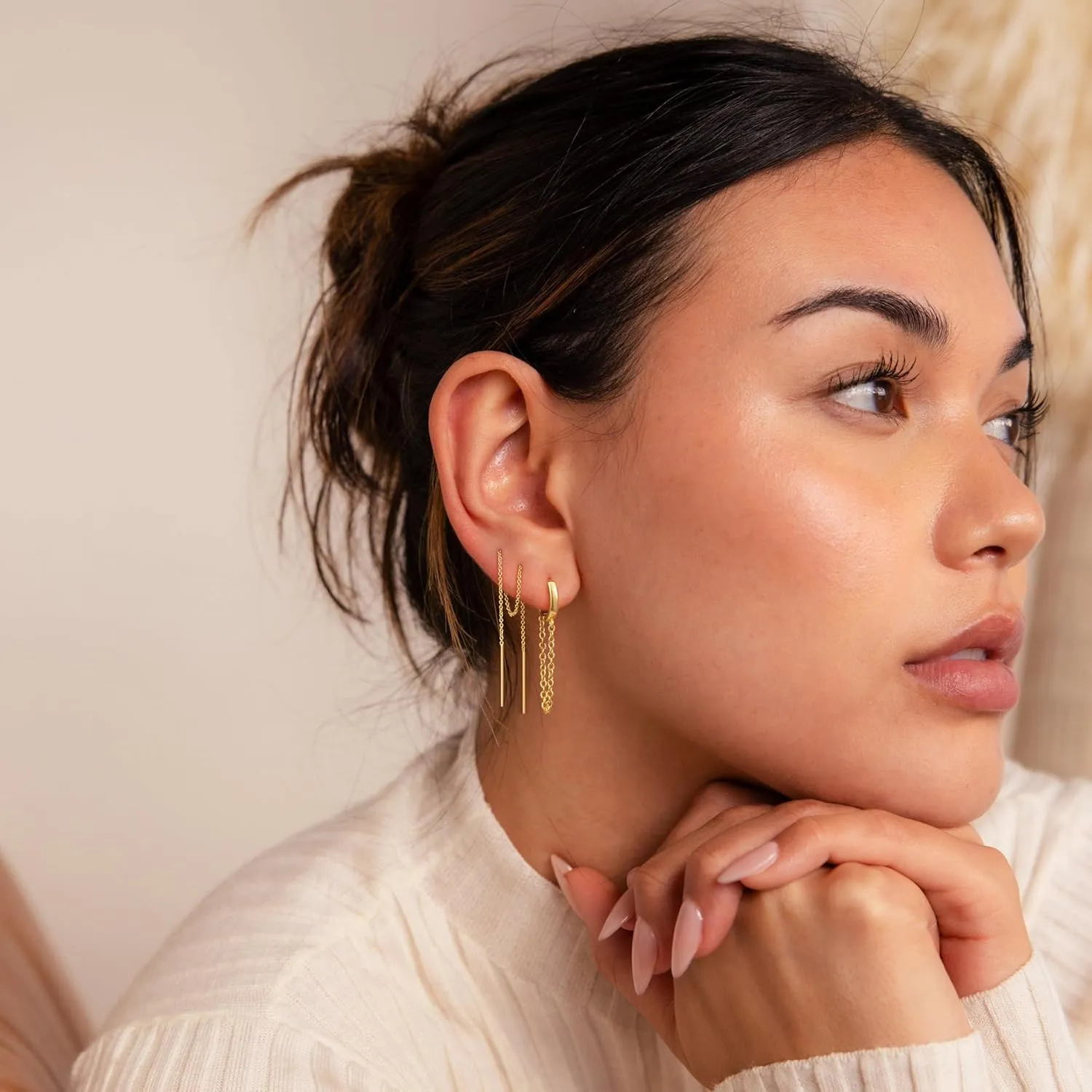 Dangle Earrings for Women Trendy, Dainty 14K Gold Plated Chain Earrings for Women Simple Threader Earrings Non Tarnish Hypoallergenic Long Drop Earrings Jewelry Pack for Women Gifts