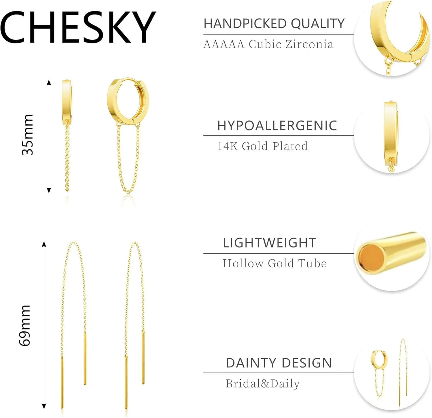 Dangle Earrings for Women Trendy, Dainty 14K Gold Plated Chain Earrings for Women Simple Threader Earrings Non Tarnish Hypoallergenic Long Drop Earrings Jewelry Pack for Women Gifts