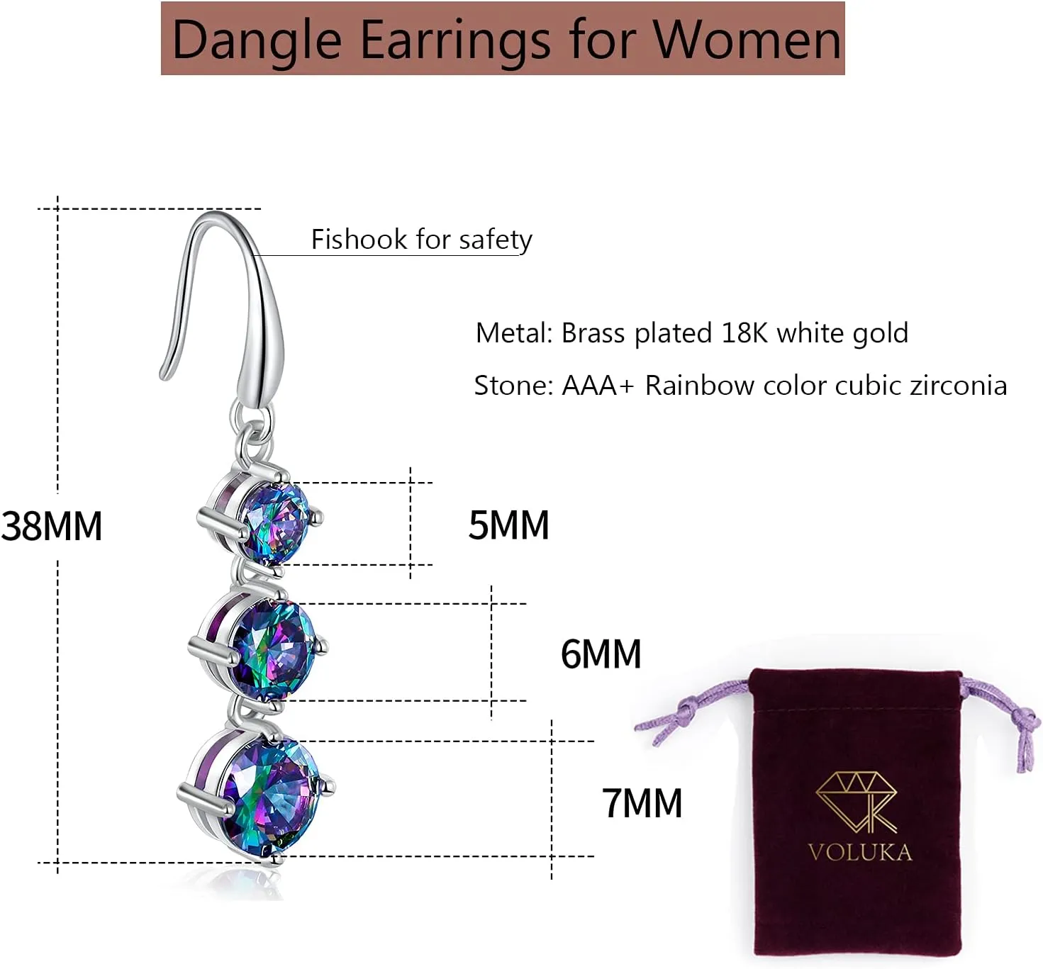 Dangle Earrings for Women|18K White Gold Plated|CZ Drop Fishook Earings Fashion Jewelry Gift