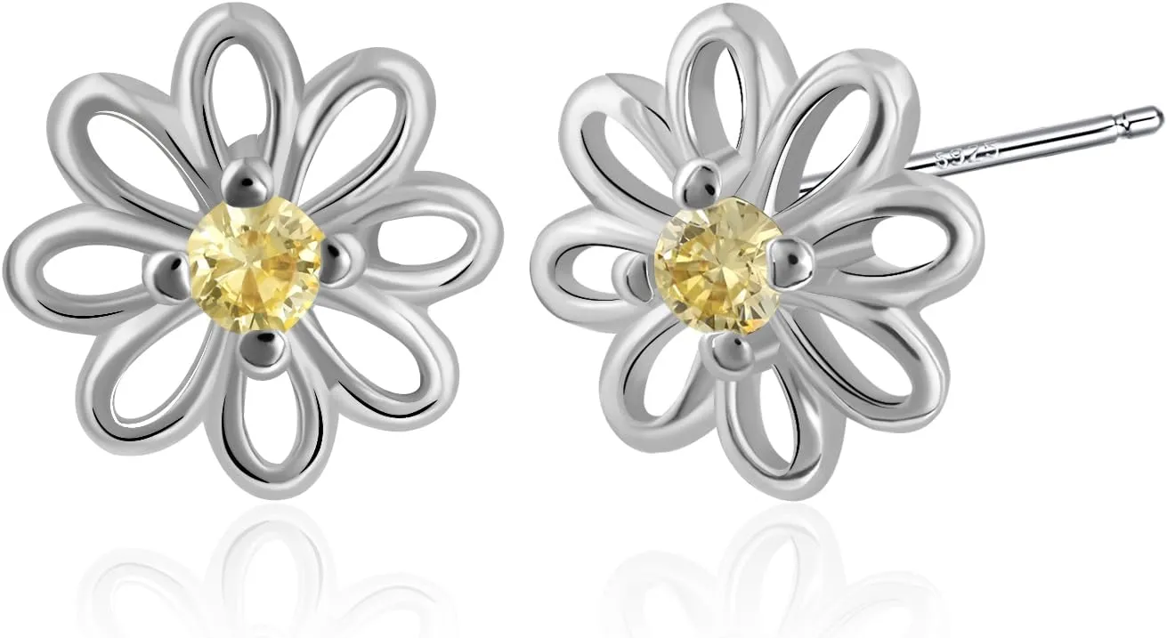 Danity Flower Birthstone Earrings Hypoallergenic Daisy Earrings with Citrine Crystal Silver Flower Crystal Stud Earrings for Women