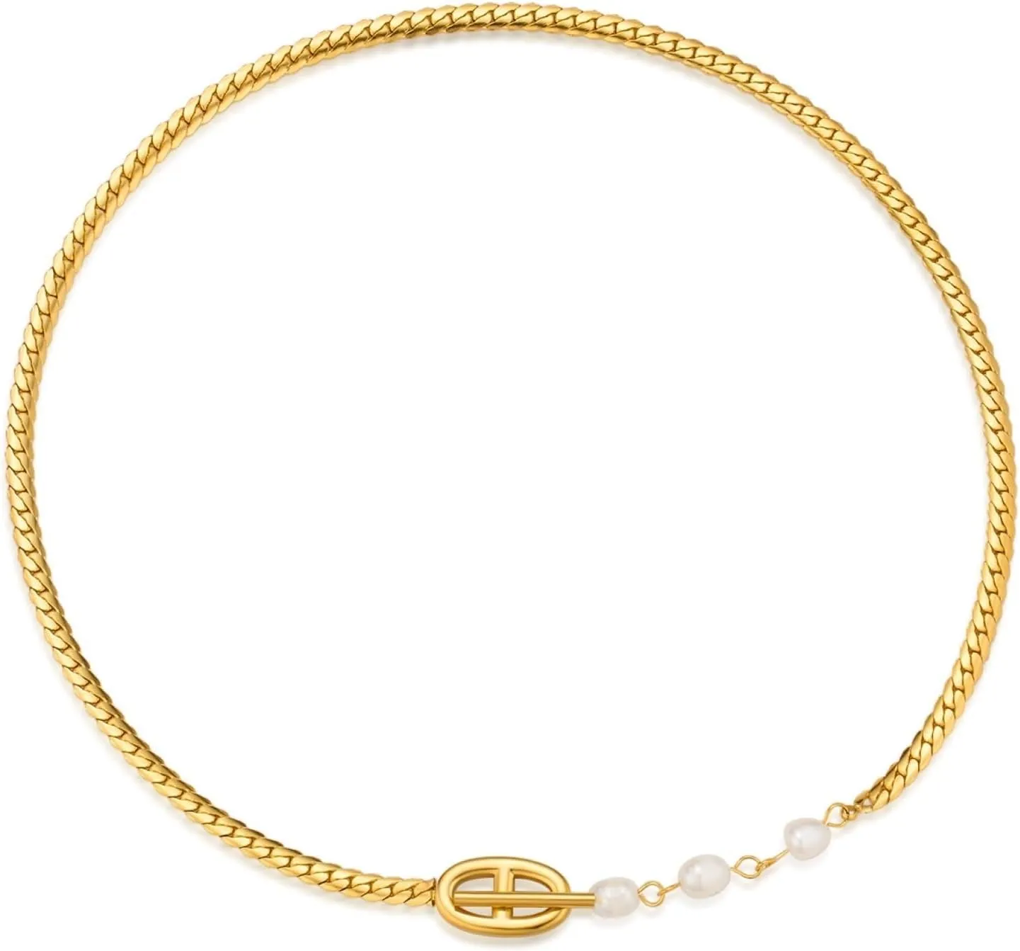 DASIQI Necklaces for Women Double D Letters Freshwater Pearl Splicing OT Toggle Clasps 15" Flat Chain