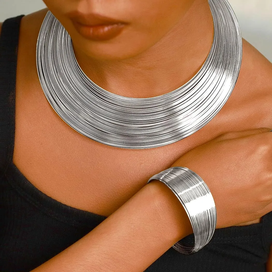 deladola African Choker Necklace Sets Multi-Layer Hoop Gold Plated Bib Choker Earring Bracelet Ring Statement Necklaces for Women (Silver)