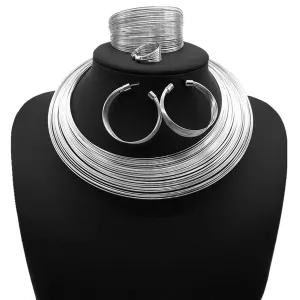 deladola African Choker Necklace Sets Multi-Layer Hoop Gold Plated Bib Choker Earring Bracelet Ring Statement Necklaces for Women (Silver)
