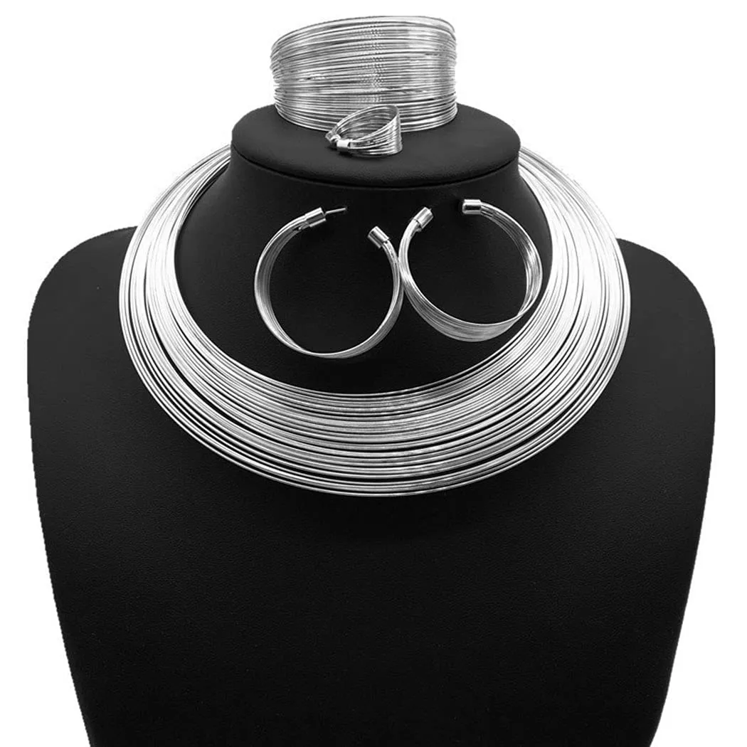 deladola African Choker Necklace Sets Multi-Layer Hoop Gold Plated Bib Choker Earring Bracelet Ring Statement Necklaces for Women (Silver)