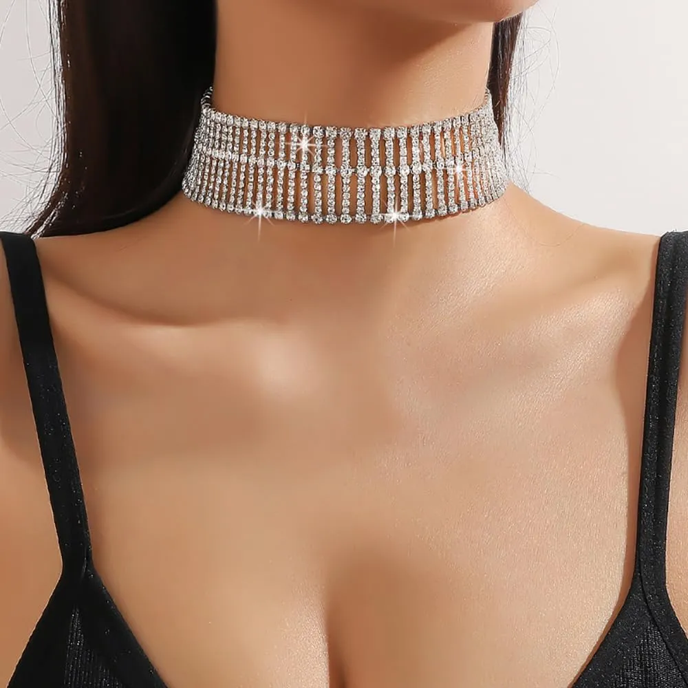 Denifery Vintage Layered Crystal Choker Necklace Silver Rhinestone Necklaces Chain Sparkling Diamond Choker Fashion Jewerly for Women