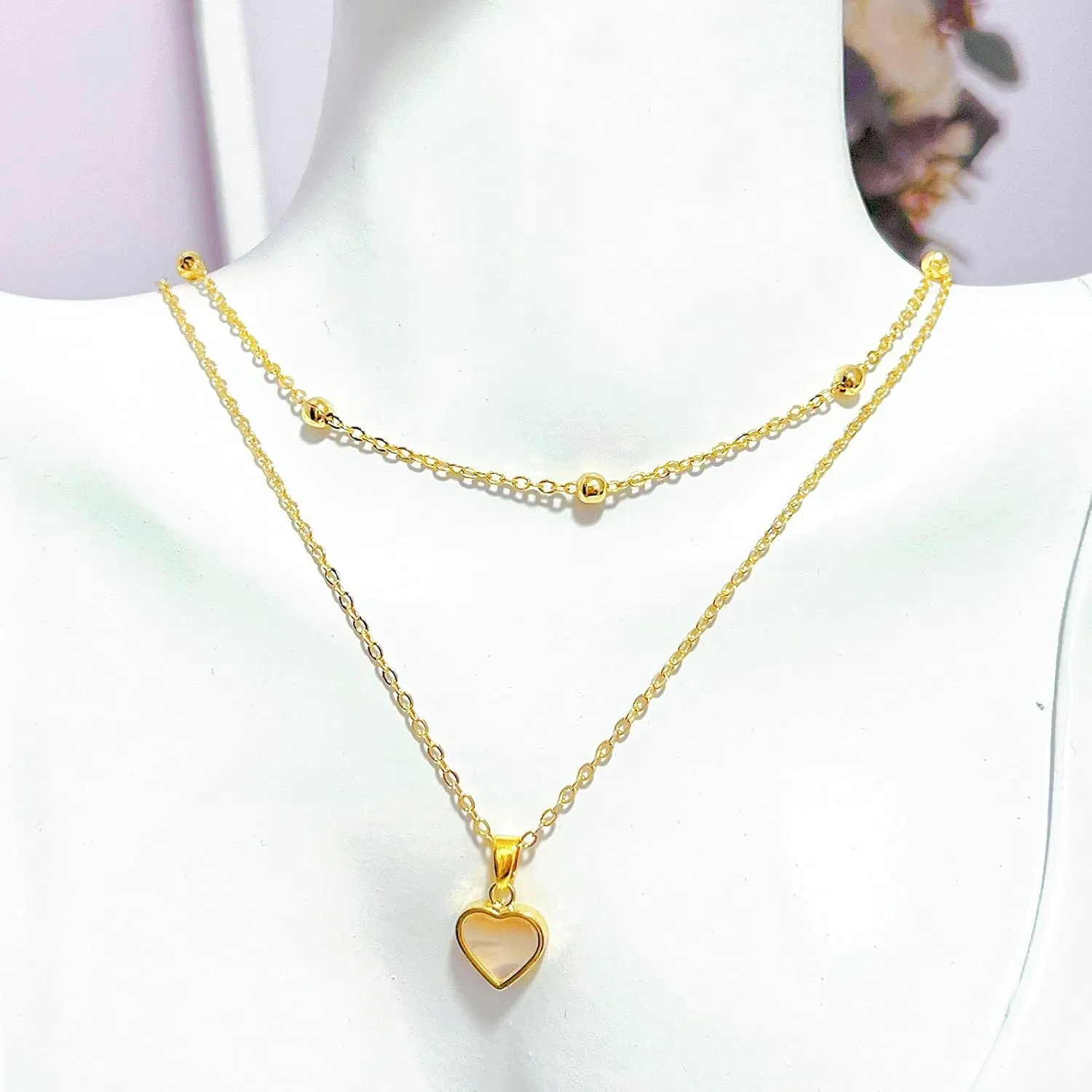 Double Layer Seashell Necklace 14k Gold Plated Chain Heart Pendant Cute Choker Necklaces for Women Girls Adjustable