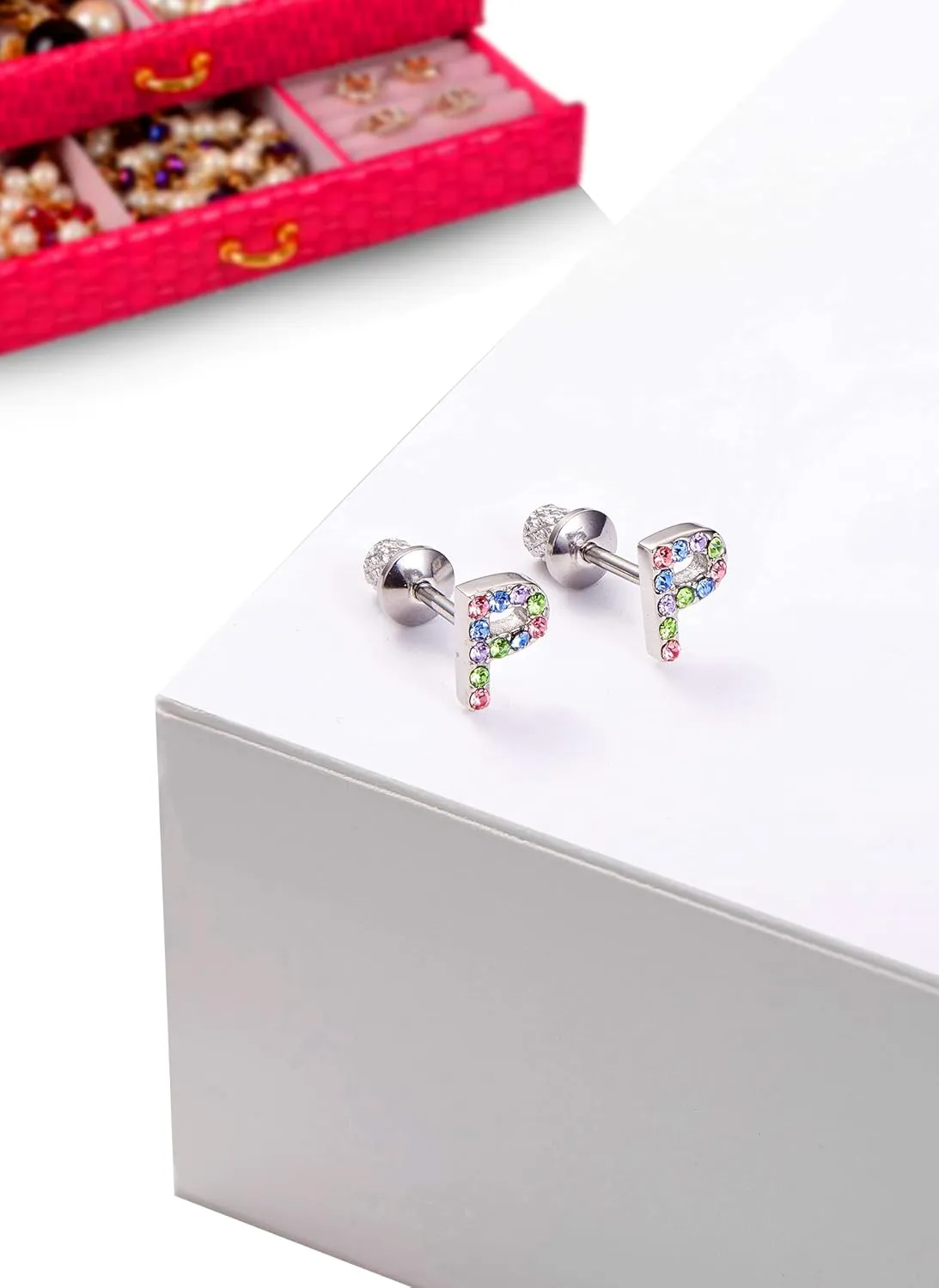 Earrings For Girls,18k Gold Plated Multicolored Alphabet Letter Initial Hypoallergenic Earrings, Stud Screw On Safety Backs, Stainless Steel Ultra Sensitive Ears Post For Kids, Little Girls, Teens