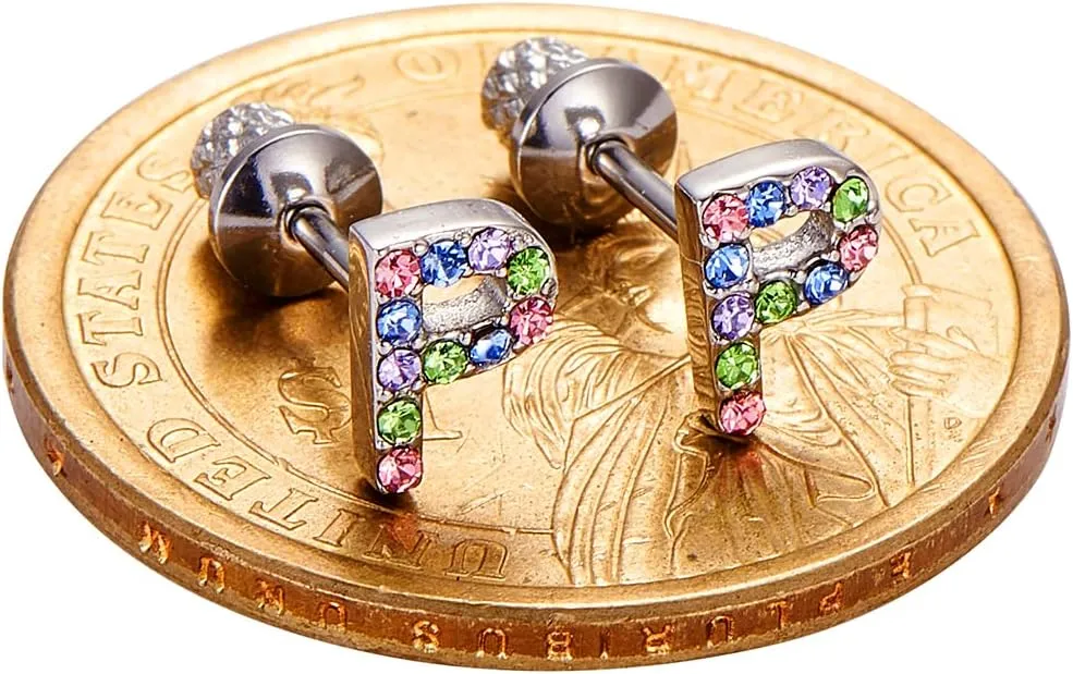 Earrings For Girls,18k Gold Plated Multicolored Alphabet Letter Initial Hypoallergenic Earrings, Stud Screw On Safety Backs, Stainless Steel Ultra Sensitive Ears Post For Kids, Little Girls, Teens