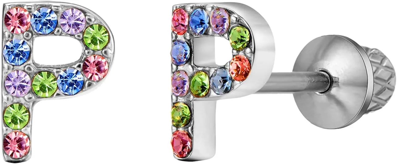 Earrings For Girls,18k Gold Plated Multicolored Alphabet Letter Initial Hypoallergenic Earrings, Stud Screw On Safety Backs, Stainless Steel Ultra Sensitive Ears Post For Kids, Little Girls, Teens
