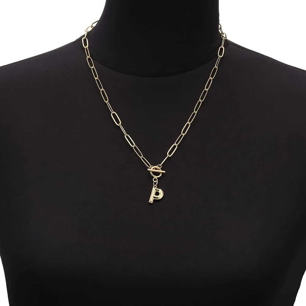 Eben-Ezer Toggle Clasp Capital A-Z Initial Necklace for Women Hiphop Plated Brass Alphabet Pendant Necklaces Thick Chain OT Buckle Necklace(P)