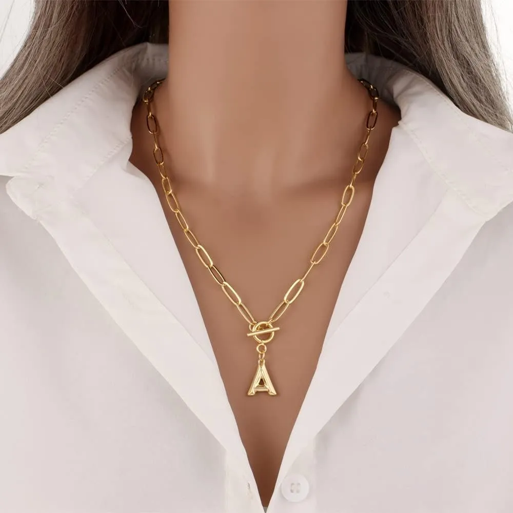 Eben-Ezer Toggle Clasp Capital A-Z Initial Necklace for Women Hiphop Plated Brass Alphabet Pendant Necklaces Thick Chain OT Buckle Necklace(P)